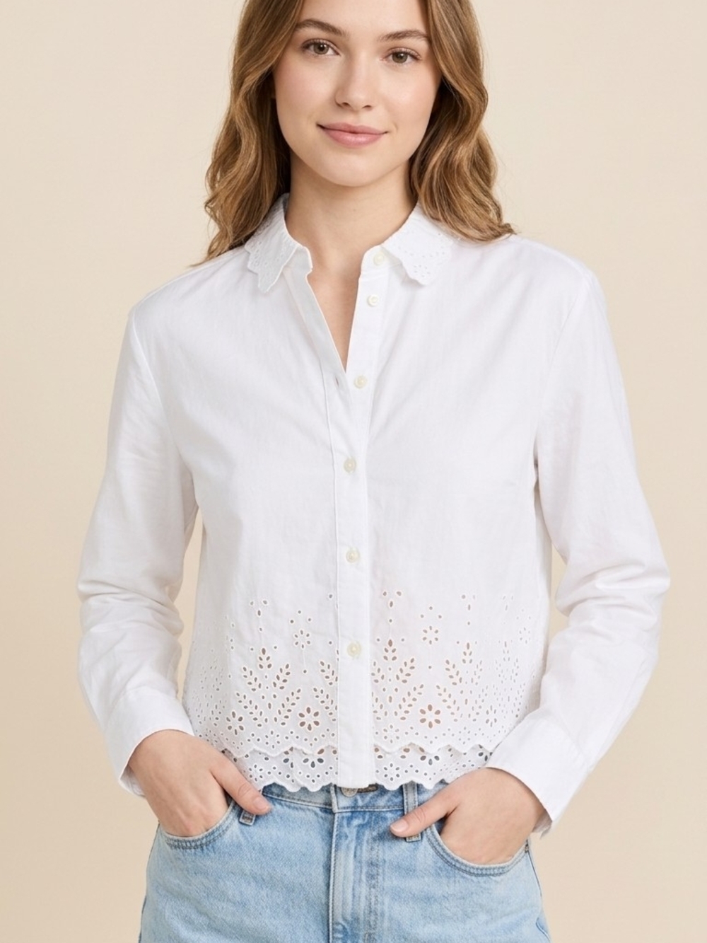 Women’s White Eyelet Button-Front Shirt